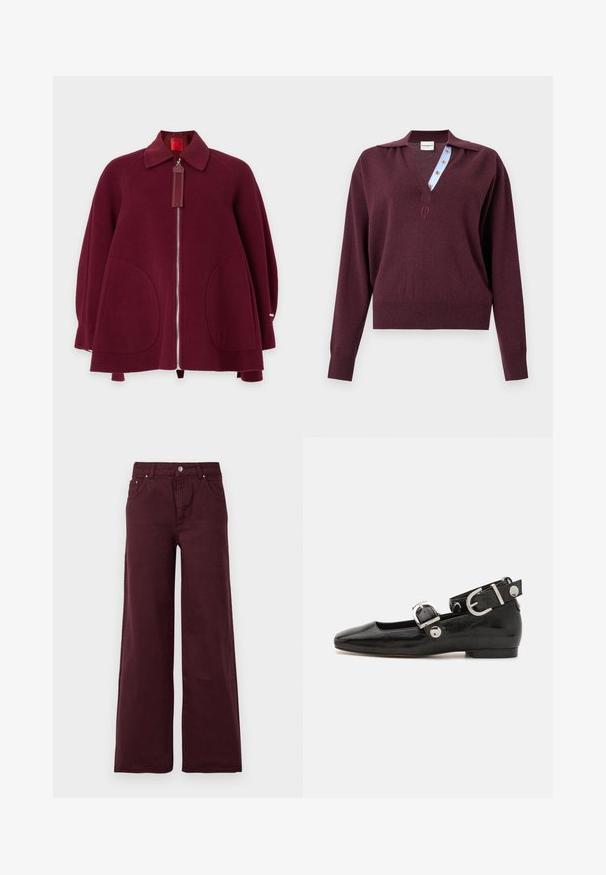 Manteau en laine rouge foncé avec fermeture éclair à l'avant, deux grandes poches arrondies, large col et manches longues, présenté sur un fond uni.; Pull en maille bordeaux à manches longues avec un profond col en V, dévoilant une patte de boutonnage intérieure rayée bleue et un petit logo brodé sous l'encolure.; Jeans larges bordeaux avec taille haute, fermeture à bouton en métal, poches avant et un tissu lisse, légèrement texturé.; Ballerine en cuir verni noir avec un bout carré, sangle de cheville avec des détails en métal argenté et semelle plate. Texture lisse avec un design minimaliste.