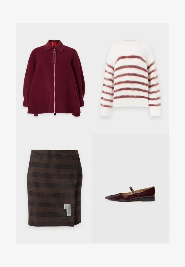 Dunkelroter Wollmantel mit Frontreißverschluss, zwei großen abgerundeten Taschen, weitem Kragen und langen Ärmeln, auf einfarbigem Hintergrund dargestellt.; Weißer Pullover mit horizontalen roten und pinken Streifen, aus weichem, strukturiertem Material. Mit rundem Halsausschnitt und gerippten Bündchen.; Brauer Rock aus strukturiertem Stoff, mit horizontalen Streifen in verschiedenen Farbtönen. Das Etikett an der Seite zeigt den Markennamen und Pflegehinweise.; Burgunder patentierte Leder-Mary-Jane-Schuhe mit einer spitzen Zehe, flachem Absatz und einem dekorativen Riemen mit einem runden Schnallenakzent.