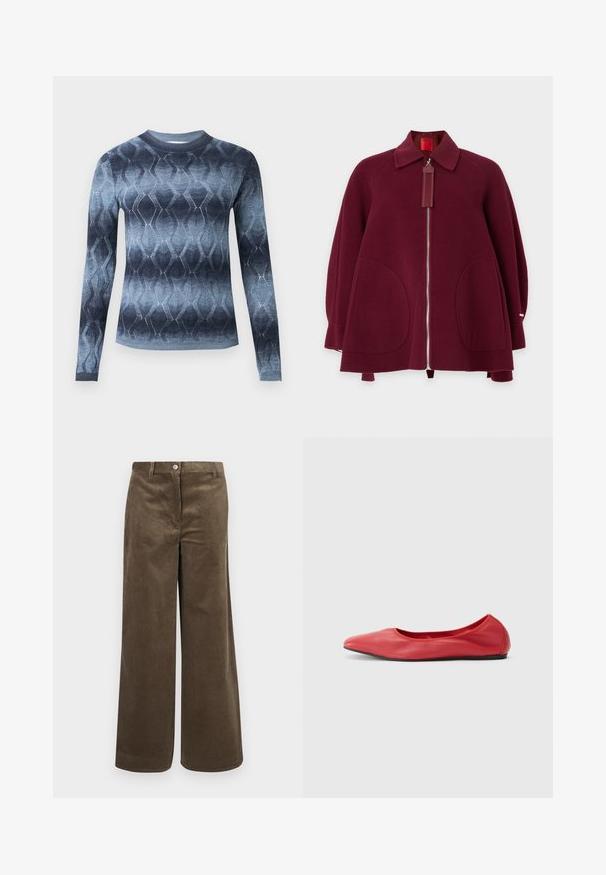 Manteau en laine rouge foncé avec fermeture éclair à l'avant, deux grandes poches arrondies, large col et manches longues, présenté sur un fond uni.; Pull en maille à manches longues avec un dégradé bleu et un motif géométrique en losange, avec un col rond et des poignets ajustés.; Pantalons en velours côtelé marron à jambes larges avec des côtes verticales, dotés d'une fermeture à bouton à l'avant et d'une taille standard. Texture lisse, design décontracté.; Filippa K REY FLATS - Ballerines - bright red