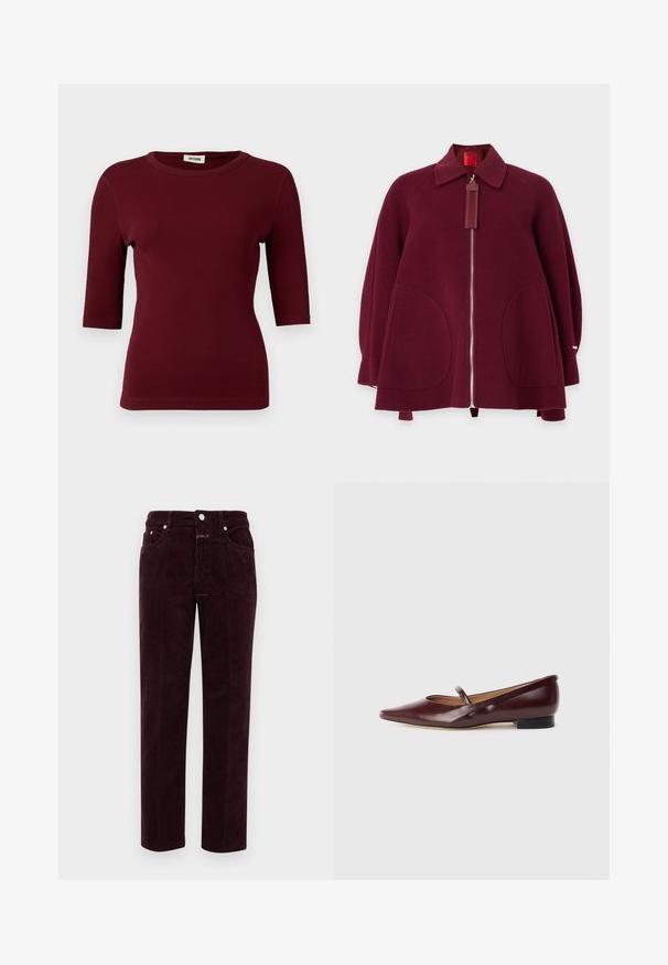 Manteau en laine rouge foncé avec fermeture éclair à l'avant, deux grandes poches arrondies, large col et manches longues, présenté sur un fond uni.; T-shirt bordeaux côtelé à manches courtes, col rond et coupe ajustée. Texture lisse avec des détails de coutures discrètes aux coutures.; Pantalons en velours côtelé bordeaux à coupe droite, avec poches avant et quincaillerie en métal argenté. Le tissu présente une texture côtelée.; Chaussure plate en cuir verni bordeaux avec un bout pointu et une sangle décorative sur le cou-de-pied. Présente un petit talon noir.