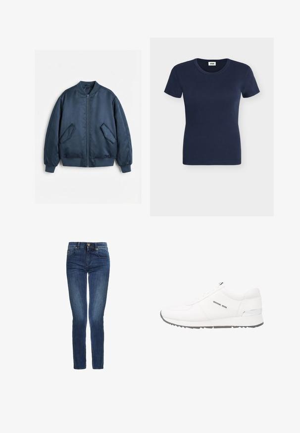 Veste bomber bleu marine avec fermeture éclair frontale, col, poignets et ourlet côtelés, et deux poches à rabat inclinées sur un fond blanc.; T-shirt côtelé en coton bleu marine à manches courtes, col rond et coupe ajustée.; Jean en denim slim-fit bleu foncé avec poches avant, passants de ceinture et fermeture à bouton.; Baskets en cuir blanc avec une texture lisse, semelle en caoutchouc grise, sept œillets et un accent argenté sur le talon. Logo affiché sur le côté.