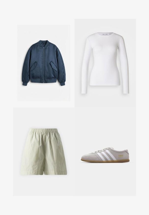 Chaqueta bomber azul marino con cremallera frontal, cuello, puños y dobladillo acanalados, y dos bolsillos con solapa inclinada sobre un fondo blanco.; Camisa blanca de manga larga hecha de tela acanalada, con un cuello redondo y una forma ajustada. No presenta patrones ni detalles.; Pantalones cortos de algodón verde claro con rayas verticales blancas, cinturilla elástica y un ajuste suelto y relajado. Textura suave.; Zapatilla de ante gris con rayas de cuero blanco y detalle del logo en dorado. Suela plana de goma, punta redondeada y diseño clásico de cierre con cordones.
