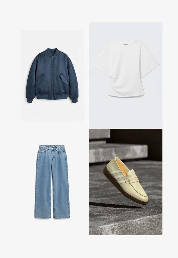 Marineblauw bomberjack met voorrits, geribde kraag, manchetten, zoom en twee schuin geplaatste klepzakken op een witte achtergrond.; Wit oversized T-shirt met korte mouwen en ronde hals, weergegeven op een lichtgrijze achtergrond.; Lichtblauwe spijkerbroek met een wijde pijp, knopen en ritssluiting aan de voorkant, en een vijfzakkenmodel.; Beige Adidas loafer met witte strepen en een bruine zool zwevend boven gestructureerde stenen treden buiten.