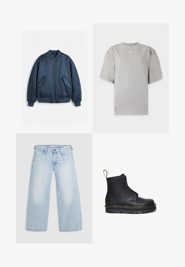 Marineblaue Bomberjacke mit Frontreißverschluss, geripptem Kragen, Bündchen und Saum sowie zwei schrägen Klappentaschen auf weißem Hintergrund.; Hellgraues Adidas T-Shirt mit kurzen Ärmeln, Rundhalsausschnitt und kleinem weißen Adidas-Logo auf der Brust, auf schlichtem Hintergrund dargestellt.; Helle blaue weite Jeans aus Denim. Mit geradem Schnitt, Fünf-Taschen-Design und einem Knopfverschluss am Bund.; Schwarze Leder-Stiefelette mit elastischen seitlichen Einsätzen, runder Zehenform, kontrastierenden gelben Nähten und einer robusten Gummisohle.