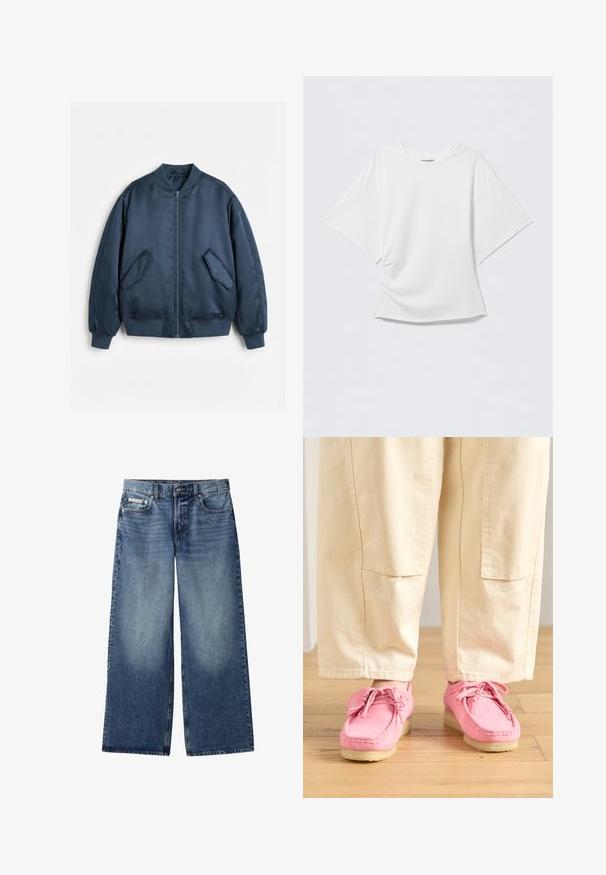 Mørkeblå bomberjakke med frontlynlås, ribbet krave, manchetter, kant og to skrå klaplommer på hvid baggrund.; Hvid oversize T-shirt med korte ærmer og rund hals, let krøllet front, vist mod en ensfarvet lysegrå baggrund.; Blå vidde cowboybukser med frontknap, lynlås, bæltestropper og fem-lomme design, inklusive en lille Calvin Klein-logo på møntlommen.; Lyserøde ruskinds mokkasiner med snørebånd, med en struktureret overflade og en lys beige gummisål, parret med beige bukser.