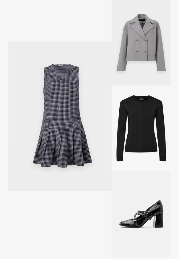 Veste grise courte avec un design croisé, col cranté et boutons en bois. Fabriqué en tissu texturé avec des manches longues.; Cardigan noir à manches longues en maille, doté d'un col rond, d'une fermeture à boutons et de bords côtelés aux poignets et à l'ourlet. Aucun motif ni accent.; Robe à carreaux bleu marine avec un décolleté en V, sans manches, jupe plissée et taille structurée. Fabriquée en tissu léger.; Chaussure à talon haut style Mary Jane noire brillante avec trois brides à boucle et un talon bloc épais, vue de profil sur fond blanc.
