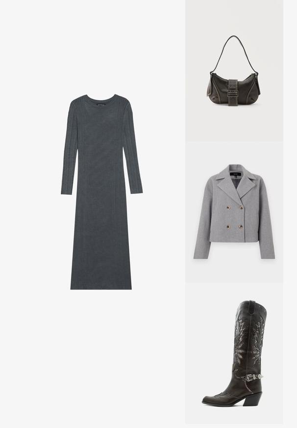 Veste grise courte avec un design croisé, col cranté et boutons en bois. Fabriqué en tissu texturé avec des manches longues.; Robe à manches longues, gris foncé, en matériau tricoté doux. Présente des rayures verticales texturées le long des manches et du corps. Encolure ronde.; Botte de cowboy en cuir noir avec découpes décoratives, boucle argentée et talon incliné, présentée sur fond blanc.; Sac à épaule en cuir noir avec une sangle à boucle, des bords arrondis et des coutures blanches contrastées sur un fond uni.
