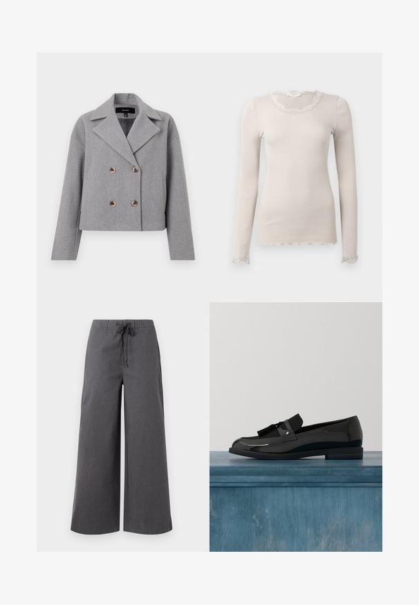 Grå cropped jakke med dobbeltbrystet design, kildekant og trækknapper. Fremstillet af tekstureret stof med lange ærmer.; Beige langærmet top lavet af ribbet stof, har en scallop-lace halsudskæring og kant, med delikate lace-detaljer ved ærmerne.; Bredde ben, mørkegrå bukser lavet af et blødt stof, med en elastisk talje og snor i, samt minimale syninger.; Sorte patenterede lædersko med flad hæl, med et frynsedetalje og glat overflade, designet med en rund tå og subtil søm.