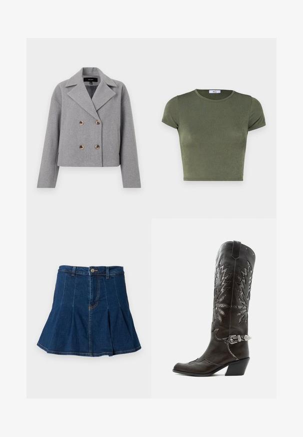 Grijze cropped jack met een dubbelgebreide ontwerp, met een omgeslagen kraag en houten knopen. Gemaakt van textuurstof met lange mouwen.; Olijfgroene korte mouwen crop top met een ronde hals, gemaakt van textuurstof, met een aansluitend ontwerp en minimalistische naden.; Donkerblauwe denim rok met een geplooid ontwerp, vijf zakken, een sluiting met een knoop aan de voorkant en contrasterende stiksels.; Zwarte leren cowboylaars met decoratieve uitsnijdingen, zilveren gesp en schuine hak, weergegeven op een witte achtergrond.