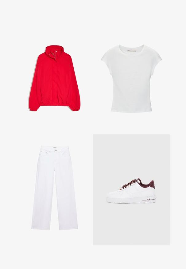 Lyserød rød lynlåstrøje med høj krave, elastiske manchetter og linning, vist på en hvid baggrund.; Hvid bomuld t-shirt med korte, opsmøgede ærmer, rund halsudskæring og lige kant. Glat tekstur uden synlige mønstre eller detaljer.; Hvide jeans med høj talje og vide ben med knap- og lynlåslukning, for- og baglommer samt sølvfarvede nitter som detaljer.; Hvide læder sneakers med mørkerøde accenter, der har runde snørebånd, en polstret krave og teksturerede gummisåler. "AIR" trykt på siden.