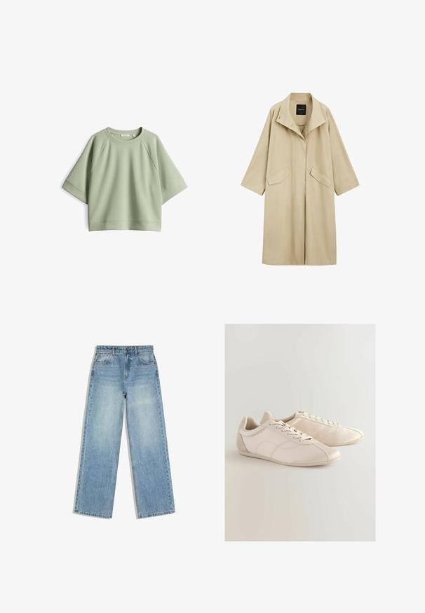Beige lange trenchcoat met brede kraag, lange mouwen en twee klepzakken aan de voorkant.; Lichtgroen oversized sweatshirt met een ronde hals, raglanmouwen en een zachte textuur. Heeft een geribbelde hals en zoom.; Lichtblauwe rechtvallende spijkerbroek met subtiel wit gespetterd patroon en klassiek ontwerp met vijf zakken op een witte achtergrond.; Lichtbeige sport schoenen gemaakt van synthetisch materiaal, met een gladde oppervlakte, vetersluiting en subtiele stiksels.