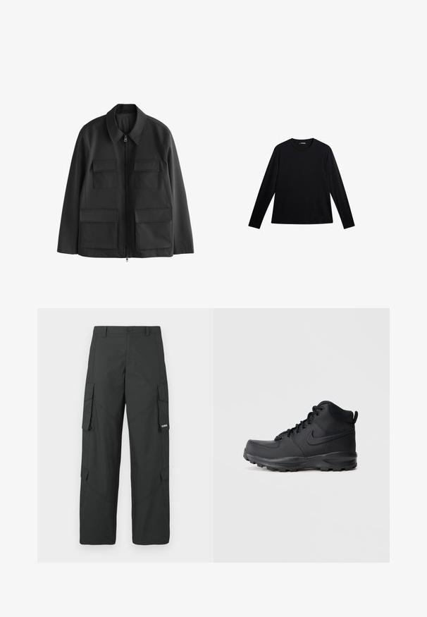Schwarze langärmelige Jacke mit Kragen, Frontreißverschluss und vier Klappentaschen auf weißem Hintergrund.; Schwarzes Langarm-T-Shirt aus glattem Stoff, mit Rundhalsausschnitt und einem dezenten Logo auf der Vorderseite, in lockerer Passform.; Schwarze gerade Cargo-Hosen mit seitlichen Klappentaschen, Druckknopfverschluss, Gürtelschlaufen und kleinem weißen Logo auf der Klappentasche rechts.; Schwarze High-Top-Sneaker mit einem glatten synthetischen Obermaterial, runder Zehenpartie, gepolstertem Schaft und strukturiertem Gummisohle. Verfügt über ein Schnürdesign und ein Logo-Element.