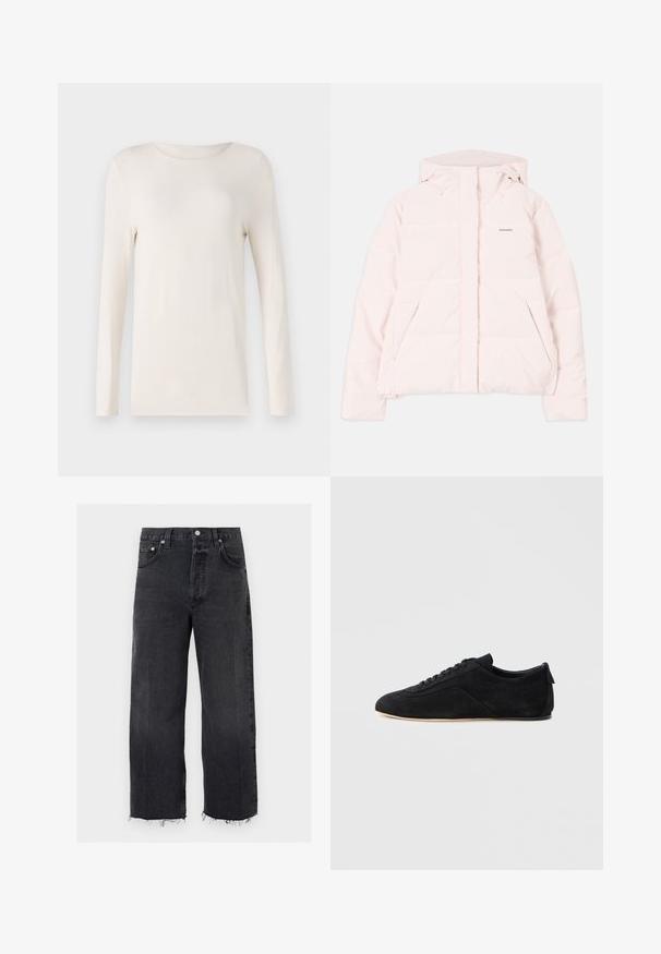 Lyserød pufferjakke med hætte, der har en lynlåslukning foran, to sidelommer og et diskret logo på brystet. Glat tekstur.; Langermet skjorte i off-white, lavet af blødt materiale, med rund halsudskæring og et enkelt, tætsiddende design. Glat tekstur, ingen mønstre.; Sorte jeans med høj talje og vide ben med rå kant, forreste knap, lynlås lukning og design med fem lommer.; Sort ruskind lavt sneakers med snøredesign og beige sål, vist i sideprofil på ensfarvet gråt baggrund.