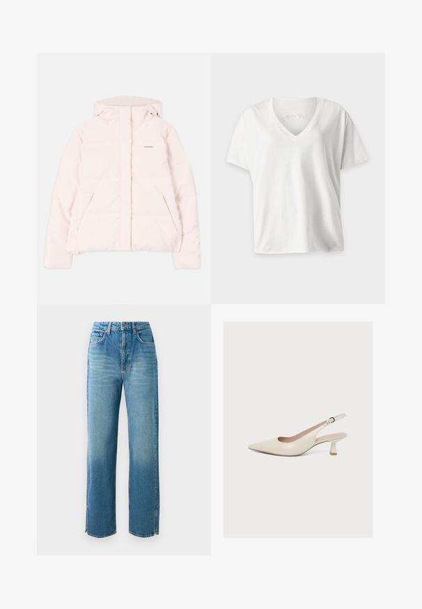 Doudoune rose clair avec capuche, dotée d'une fermeture éclair à l'avant, de deux poches latérales et d'un logo discret sur la poitrine. Texture lisse.; T-shirt blanc uni en coton à manches courtes avec col en V, présenté à plat sur un fond gris clair.; Jeans en denim bleu clair avec une taille haute, coupe droite et fentes sur l'ourlet. Dispose d'un design traditionnel à cinq poches et d'une fermeture à bouton.; Escarpin slingback en cuir beige avec bout pointu, petit talon courbé et bride réglable avec boucle.
