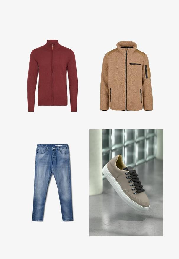 Tan fleece jack met hoge kraag. Bevat zwarte ritsen, twee zijzakken, een ritszak op de borst en bruine schouderaccenten.; Rode ritsvest met een hoge kraag, geribde manchetten en zoom. Gebreide textuur, met een kleine leren accent bij de rits.; Blauwe denim jeans met een slim fit. Bevat vijf zakken, een knoopsluiting en lichte verkleuring langs de dijen. Gladde textuur.; Beige sneaker met zwarte veters en witte zool zwevend boven een gepolijste betonnen vloer, met een glazen blokmuur en een zuil op de achtergrond.