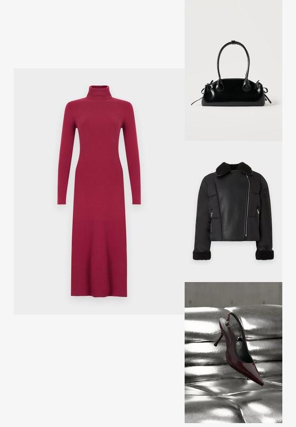 Doudoune noire avec un panneau avant en cuir, col et poignets en peau lainée ; elle possède des poches zippées sur les côtés et une silhouette courte.; Robe longue à manches longues en tricot côtelé bordeaux avec col montant, silhouette cintrée et ourlet droit. Texture lisse sur toute la surface.; Chaussure slingback à talon haut rouge foncé avec bout pointu reposant sur une surface matelassée argentée métallique brillante.; Petit sac à main noir brillant avec deux longues anses et des détails à cordon sur les côtés sur un fond clair uni.