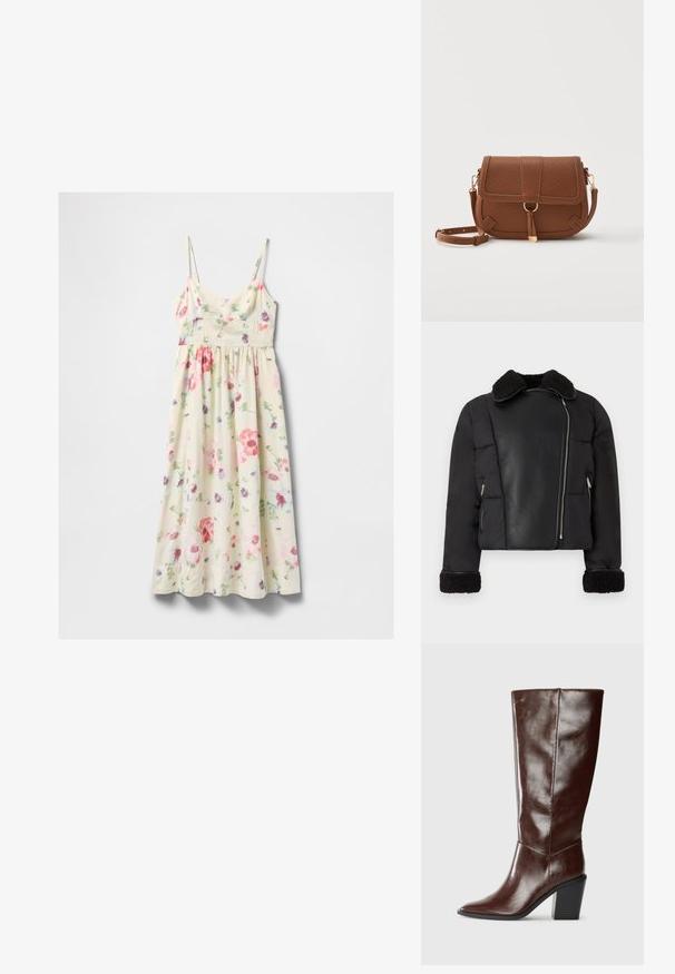 Sort pufferjakke med læderfor og en skjortekrave, pelssamlinger ved ærmerne; har sidelommer med lynlås og en cropped silhuet.; Cremefarvet ærmeløs midi-kjole med pink, rød, lilla og grøn blomsterprint og tynde justerbare stropper.; Høj, mørkebrun læderstøvle med spids tå og stablet blokhæl, vist fra siden på en ensfarvet baggrund.; Brun læder crossbody taske med tekstureret mønster, frontklap, guldringdetalje og justerbar rem på hvid baggrund.