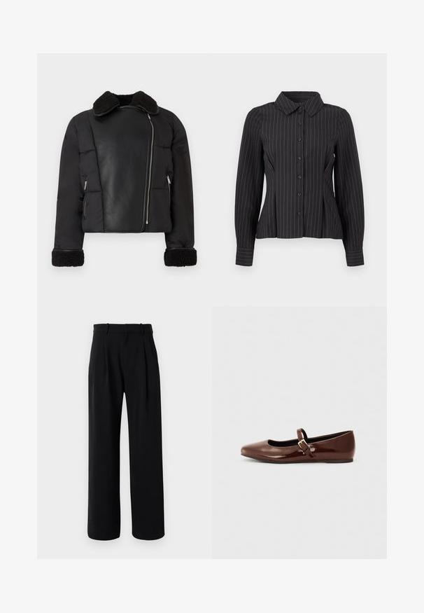 Chaqueta de plumas negra con un panel delantero de cuero, cuello de borrego y puños; cuenta con bolsillos laterales con cremallera y una silueta corta.; Blusa negra de manga larga con finas rayas verticales blancas, cierre frontal con botones, cuello puntiagudo y pliegues ajustados en la cintura.; Pantalones rectos de tiro alto en negro con piernas anchas, presillas para cinturón y pliegues en la parte delantera sobre un fondo blanco.; Bailarina de charol marrón con punta cuadrada y tira que presenta una pequeña hebilla dorada. Textura suave, tacón bajo y diseño minimalista.