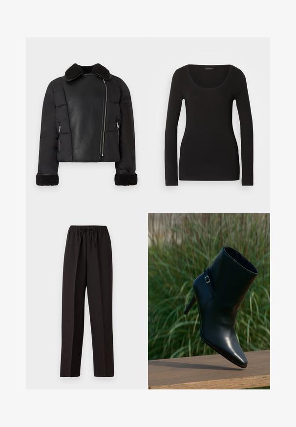 Chaqueta de plumas negra con un panel delantero de cuero, cuello de borrego y puños; cuenta con bolsillos laterales con cremallera y una silueta corta.; Top negro de mangas largas con escote redondeado, hecho de una tela suave y elástica. Presenta una forma ajustada y una textura suave. Etiqueta de la marca visible.; Pantalones negros de pierna ancha con cintura elástica y cordón ajustable. Fabricados en un tejido suave y ligero sin patrones visibles.; Bota de cuero negro hasta el tobillo con puntera puntiaguda, tacón apilado, textura brillante y una correa decorativa con un detalle de hebilla plateada.