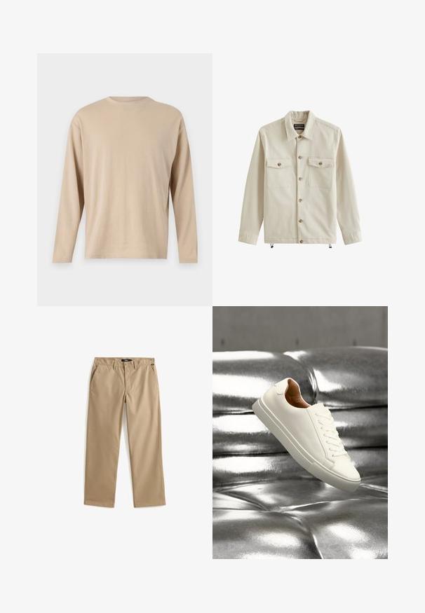 Beige jasje met knopen, twee borstzakken, lange mouwen, kraag en verstelbare trekkoorden aan de zoom.; Beige langesleeve shirt gemaakt van zachte stof met een rechte snit, ronde halslijn en minimale stikdetails langs de zoom en de mouwen.; Beige recht gesneden chino's van lichtgewicht katoen. Voorzien van twee voorzakken en een knoopsluiting. Gladde textuur, minimale details.; Witte lage sneaker die boven een glanzend zilveren doorgestikte leren oppervlak zweeft.