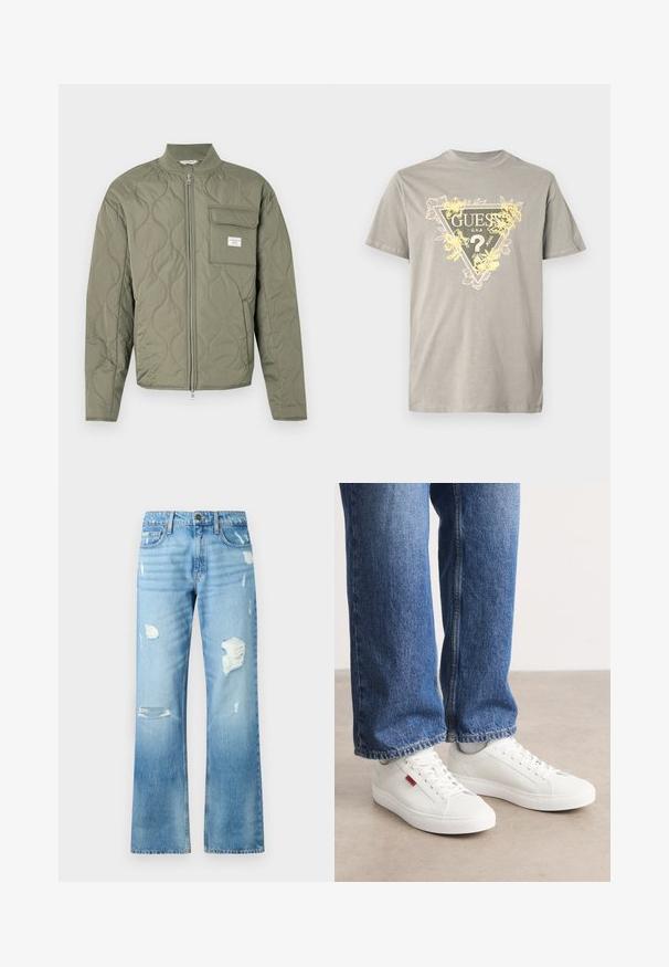 Chaqueta acolchada verde oliva con cremallera, costuras en forma de onda, cuello alto y un bolsillo con solapa en el lado izquierdo del pecho con una etiqueta blanca.; Camiseta de algodón gris con un gráfico triangular que incluye la palabra "GUESS" y detalles florales en amarillo. Cuello redondo, mangas cortas y corte estándar.; Vaqueros de mezclilla azul claro con un diseño de pierna recta, que presentan detalles desgastados y un acabado desvaído. Incluyen un botón de metal y cinco bolsillos.; Zapatillas blancas con una superficie lisa, puntera redonda y suela plana. Acompañadas de jeans de mezclilla azul con un corte recto y costuras visibles.