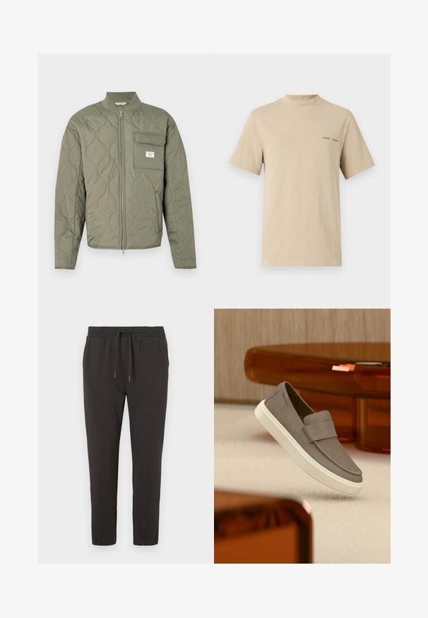 Grøn quiltet jakke med lynlås, bølgemønster, høj krave og en klaplomme på venstre bryst med en hvid label.; Beige bomulds t-shirt med rund halsudskæring og korte ærmer. Har en diskret sort "SAMSOE" tekstlogo på brystet.; Mørkegrå sweatpants lavet af blødt stof, med en elastisk talje med snøre, tætsiddende ben og elastiske manchetter ved anklerne.; Grå ruskind slip-on sko med hvid sål svævende over beige tæppe, med gennemsigtigt orange møbel i baggrunden.