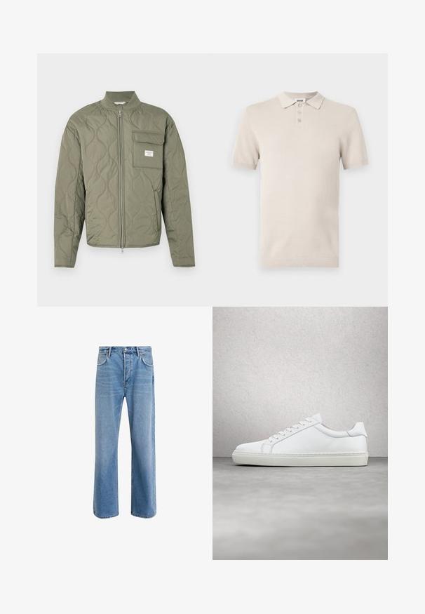 Grøn quiltet jakke med lynlås, bølgemønster, høj krave og en klaplomme på venstre bryst med en hvid label.; Kortærmet, lys beige polo-skjorte med tekstureret stof, tre-knap lukning og matchende ribbet krave og kant.; Lyseblå denim jeans med lige ben-design, fem lommer, knaplukning, minimal falming og kontraststingdetaljer.; Hvide sneakers med en glat læderoverdel og lav profil. Har en rund tå, seks snørehuller og en tekstureret gummisål.