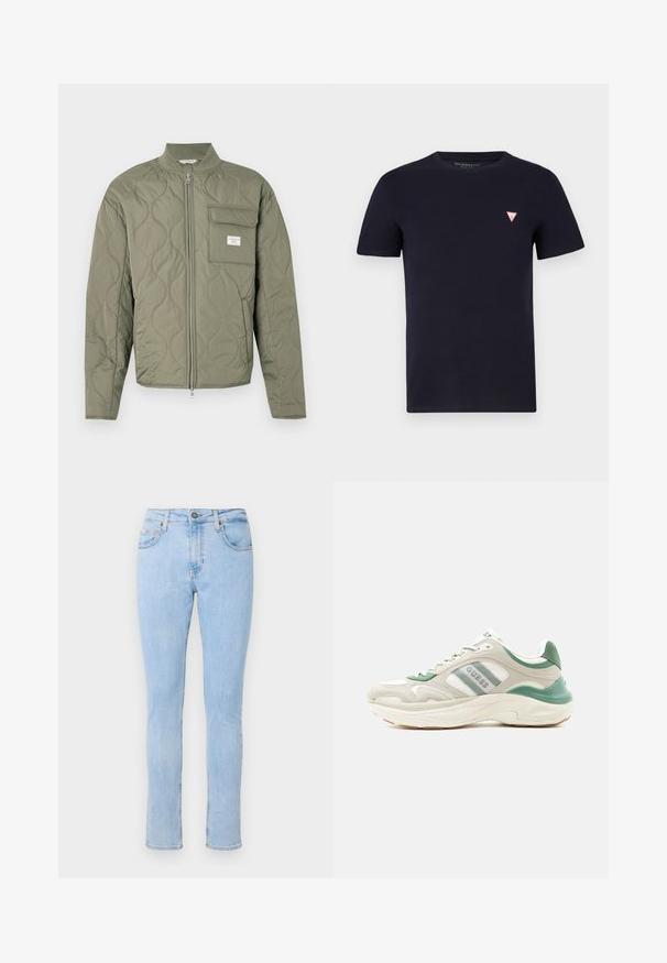 Steppjacke in olivgrün mit Reißverschluss, wellenförmiger Steppung, hohem Kragen und einer Klappentasche auf der linken Brust mit weißem Etikett.; Marineblaue Baumwoll-T-Shirt mit Rundhalsausschnitt und kurzen Ärmeln; verfügt über ein kleines rotes Dreieck-Logo auf der linken Brust.; Helle blaue Jeans aus Denim mit einem taillierten Design, fünf Taschenstil, Frontknopfverschluss und subtiler Ausbleichung. Schlanker Schnitt mit geraden Beinen.; Low-Top-Sneaker in Beige und Grün mit weißer Sohle, seitlichen Logostreifen und texturiertem Design, schräg nach links auf weißem Hintergrund.
