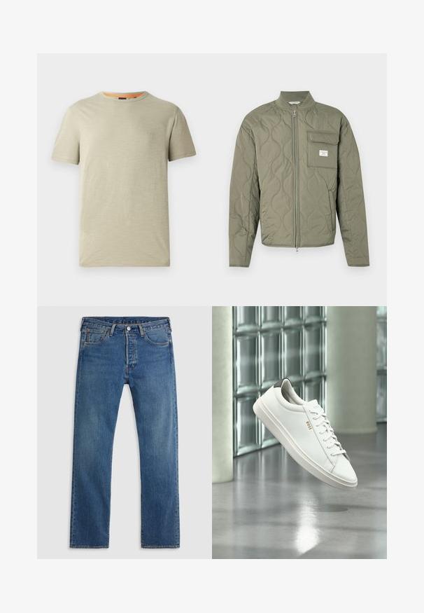 Veste matelassée verte olive à fermeture éclair avec coutures ondulées, col montant et poche à rabat sur la poitrine gauche avec une étiquette blanche.; T-shirt vert clair à manches courtes en tissu texturé. Doté d'un col rond et d'un petit logo "BOSS" en relief sur la poitrine.; Jean en denim bleu à jambe droite avec cinq poches, passants de ceinture, et une fermeture avant à bouton et fermeture éclair sur fond uni.; Baskets basses en cuir blanc avec lacets, languette de talon noire et logo « BOSS », flottant à l'intérieur près d'un mur en blocs de verre et d'un sol poli.