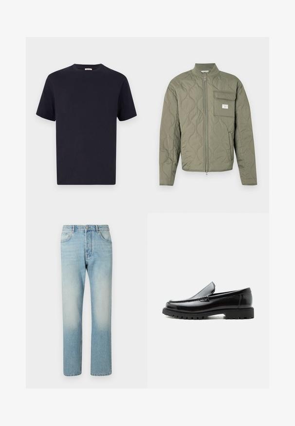 Chaqueta acolchada verde oliva con cremallera, costuras en forma de onda, cuello alto y un bolsillo con solapa en el lado izquierdo del pecho con una etiqueta blanca.; Camiseta de algodón azul marino con escote redondo, manga corta y corte relajado; textura suave; sin patrones o elementos metálicos visibles.; Jeans de color azul claro hechos de denim, con un diseño de pierna recta, estructura de cinco bolsillos y efecto de lavado desgastado en los muslos.; Mocasín de cuero negro con suela de goma gruesa, empeine cosido y nombre de la marca en relieve en el talón, mostrado en perfil lateral sobre fondo blanco.
