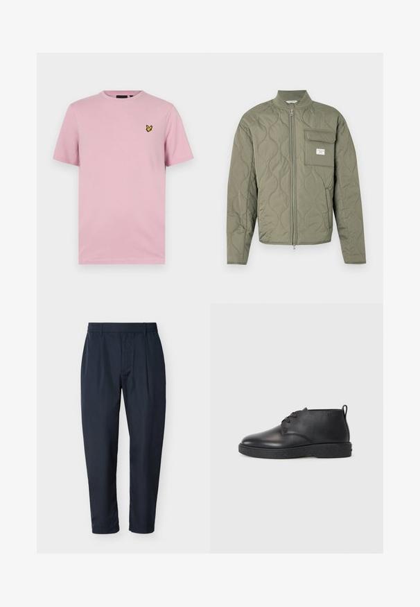Grøn quiltet jakke med lynlås, bølgemønster, høj krave og en klaplomme på venstre bryst med en hvid label.; Lyserød t-shirt med korte ærmer lavet af blødt stof, med et lille gult sommerfuglelogo broderet på venstre bryst.; Marineblå bukser med lige ben, bæltestropper og forlommer med læg, vist mod en hvid baggrund.; Sorte læder ankelstøvler med glat tekstur, rund tå og sort gummisål. Har en snørelukning og en hælflap for nem påtagning.