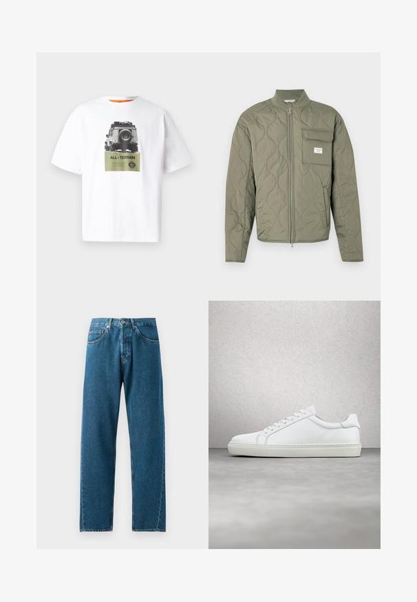 Gewatteerde olijfgroene jas met ritssluiting, golfstiksels, een hoge kraag en een klepzak op de linkerborst met een wit etiket.; Witte katoenen t-shirt met een grafisch ontwerp van een voertuig en de tekst "ALL-TERRAIN" in het groen, met een zwart-wit ontwerp. Oranje binnenkraag.; Blauwe denim spijkerbroek met een recht model, vijf zakken en riemlussen. De stof heeft een subtiele textuur en vervaagde plekken bij de zakken.; Witte sneaker met een gladlederen bovenwerk en een laag profiel. Voorzien van een ronde neus, zes vetergaatjes en een gestructureerde rubberen zool.