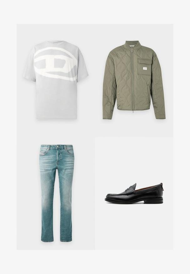 Chaqueta acolchada verde oliva con cremallera, costuras en forma de onda, cuello alto y un bolsillo con solapa en el lado izquierdo del pecho con una etiqueta blanca.; Camiseta de algodón gris con un gran diseño abstracto de logo blanco en el frente. Mangas cortas y cuello redondo. Textura suave.; Jeans de denim de color azul claro con corte recto, cinco bolsillos, un ligero desgaste y un cierre de botón clásico en la cintura.; Mocasín de hombre de piel negra con costura moc toe, tira penny, cuello texturizado y tacón bajo apilado sobre fondo blanco.