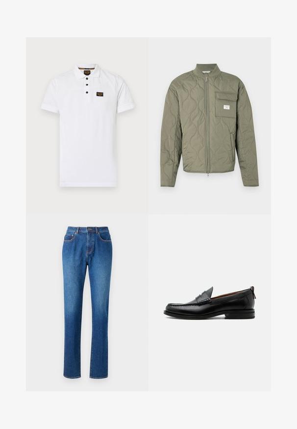 Gewatteerde olijfgroene jas met ritssluiting, golfstiksels, een hoge kraag en een klepzak op de linkerborst met een wit etiket.; Witte polo shirt gemaakt van gestructureerd katoen, met een drieknops sluiting, korte mouwen en een zwart logo op de borst.; Blauwe denim jeans met een rechte pijp, vijf zakken, een tailleband met riemlussen en contrasterende steken langs de naden.; Zwarte leren herensloffen met moc toe stiksel, pennyriem, gestructureerde kraag en lage gestapelde hak op witte achtergrond.