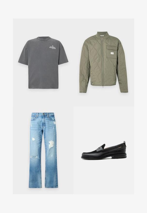 Grøn quiltet jakke med lynlås, bølgemønster, høj krave og en klaplomme på venstre bryst med en hvid label.; Mørkegrå T-shirt med korte ærmer og rund hals med lille hvid "ALLSAINTS"-logo på øverste venstre bryst.; Lyseblå denimjeans med lige ben, der har slidte detaljer og en falmet finish. Inkluderer en metalknap og fem lommer.; Sort læderloafer med grå remdetalje, lav hæl og tekstureret sål, mærket med "HUGO" i guld på siden.