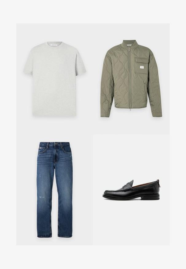 Veste matelassée verte olive à fermeture éclair avec coutures ondulées, col montant et poche à rabat sur la poitrine gauche avec une étiquette blanche.; T-shirt à manches courtes gris clair en matière douce, avec un col rond et une coupe décontractée, sans motifs ni accents visibles.; Jeans en denim bleu avec une coupe droite. Présente des zones décolorées et un léger effet usé à l'avant, avec une fermeture classique à boutons.; Mocassin homme en cuir noir avec couture moc toe, bride penny, col texturé et petit talon empilé sur fond blanc.