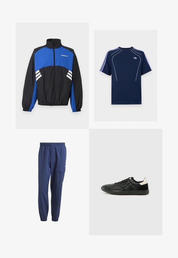 Čierno-modrá bunda Adidas na zips s vysokým golierom, elastickými manžetami, bielymi pruhmi na bokoch a logom Adidas na hrudi.; Tmavomodré tričko s krátkym rukávom so svetlofialovými pruhmi na rukávoch, bielym zakriveným lemom vpredu a malým bielym logom Adidas na ľavej strane hrudníka.; Námornícke športové nohavice s elastickým pásom, bočnými vreckami a náprsným vreckom na ľavej nohe s jemným logom.; ALDO THEPITCH - Tenisky - black
