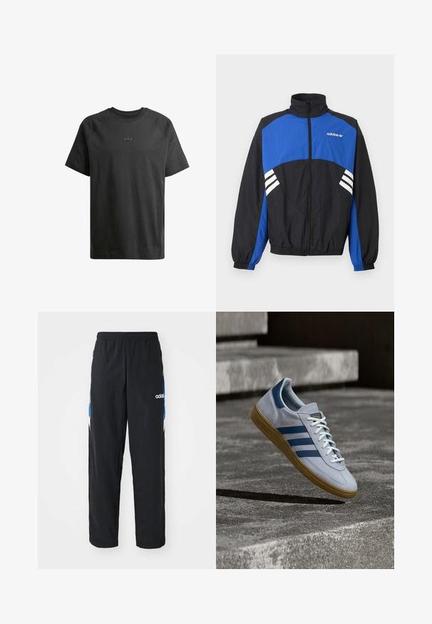 Chaqueta Adidas con cremallera en negro y azul, cuello alto, puños elásticos, franjas blancas en los laterales y logo de Adidas en el pecho.; Camiseta de algodón negra con mangas raglán cortas, que presenta un sutil logo en relieve en el pecho y una textura suave en todo su diseño.; Pantalones deportivos negros con cintura elástica, que presentan acentos gráficos en azul y blanco en los laterales, y un logo bordado.; Zapatilla Adidas Spezial azul claro con rayas azul marino y suela de goma, mostrada en el aire sobre escalones de hormigón en un entorno exterior neutral.