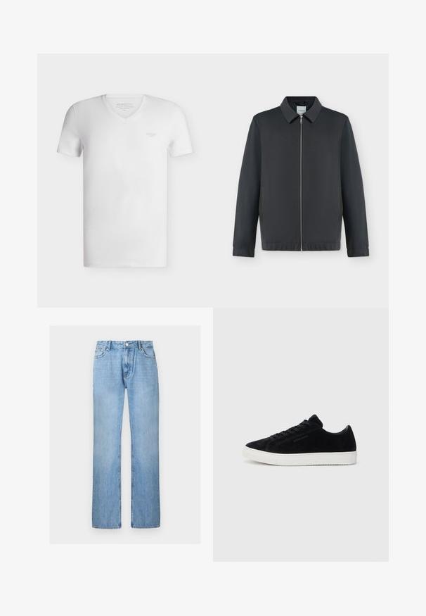 Veste zippée gris foncé avec un col et deux poches latérales, montrée sur un fond blanc uni.; T-shirt blanc pour homme à manches courtes avec col en V et petit logo « GUESS » sur la poitrine gauche, présenté sur un fond clair uni.; Jean droit en denim bleu clair avec bouton à l'avant et poches, présenté sur un fond blanc uni.; Baskets en suède noir au design basse, à bout rond et semelle en caoutchouc blanche. Elles possèdent des lacets noirs et un branding minimaliste sur le côté.