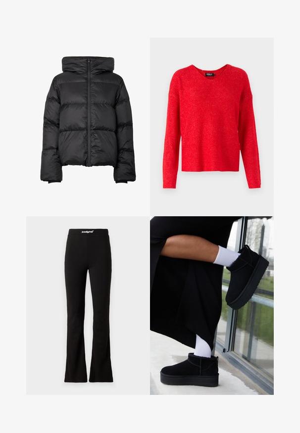 Sort puffer-jakke med høj krave, horisontalt quiltet design og en frontlynlås. Har brede ærmer og ribbede manchetter for varme.; ONLY Striktrøje - true red; Sorte flaired leggings med en glat tekstur og elastisk talje, der har et hvidt logo. Designet til komfort og fleksibilitet.; Sorte suede ankelstøvler med flad sål, med en bageste træksløjfe, båret med hvide ankelstrømper mod en minimalistisk baggrund.