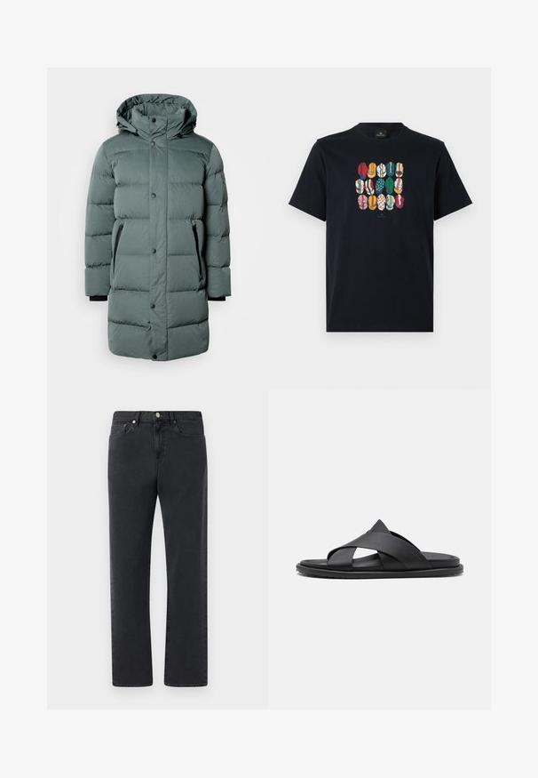 Gepolsterte grüne Parka mit Kapuze, ausgestattet mit Druckknöpfen, seitlichen Reißverschlusstaschen und schwarzen Akzenten an den Bündchen. Glattes, strukturiertes Material.; Schwarzes Baumwoll-T-Shirt mit einem bunten Grafikdruck verschiedener Lippen in unterschiedlichen Mustern und Farben auf der Vorderseite. Runder Halsausschnitt, kurze Ärmel.; Schwarze Jeans aus Denim mit geradem Bein, fünf Taschen und Metallelementen. Der Stoff hat eine glatte, leicht strukturierte Oberfläche.; Stuart Weitzman BERKLEY - Pantolette flach - black