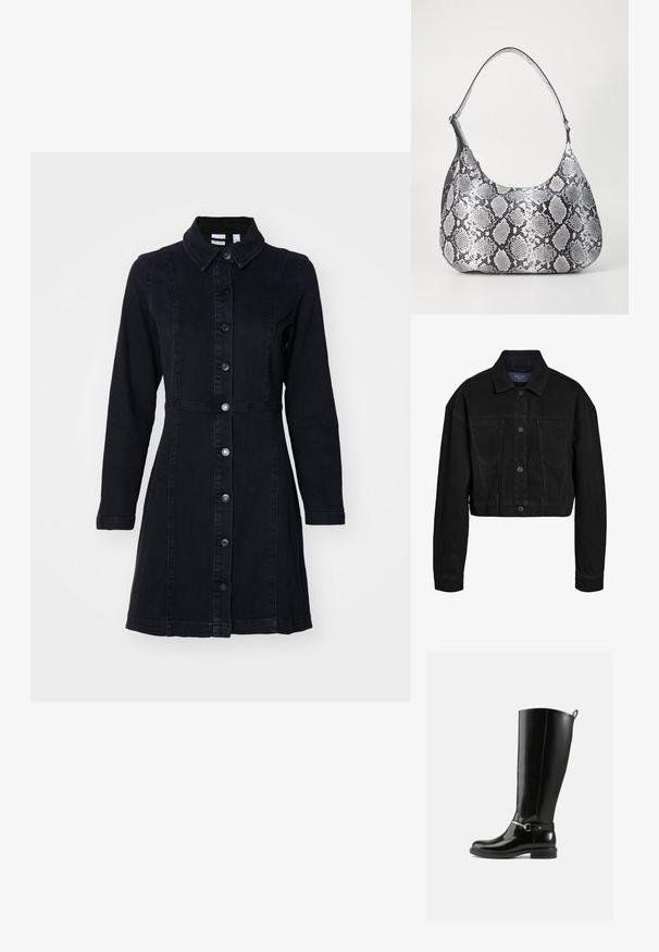 Sort denim cropped jakke med knaplukning foran, to brystlommer og klassisk krave. Har tonede syninger og lange ærmer.; Sort denimkjole med krave, lange ærmer og knapper foran. Har en tætsiddende talje og en udvidet nederdel. Glat tekstur.; Sorte knæhøje støvler lavet af blankt læder med en sølvfarvet spænde ved anklen og rundet snude. Flad sål.; Sort-hvid slangemønster skuldertaske med en rund form, glat tekstur og en buet rem. Har et sølvfarvet hardware-accents.