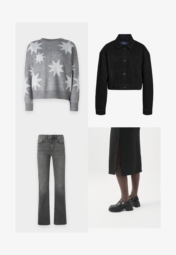 Zwarte denim cropped jack met een knoopsluiting, twee borstzakken en een klassieke kraag. Heeft tonal stiksels en lange mouwen.; Grijze gebreide trui met witte sterrenpatronen, ronde halslijn en geribde manchetten en zoom. Cropped ontwerp met een zachte textuur.; Uitgebreide jeans van donkergrijs denim met een hoge taille, vijf zakken en een enkele knoopsluiting. Soepele textuur met lichte vervaging.; Vrouw met zwarte loafers met grove hak, zwarte doorschijnende panty's en een zwarte rok met een split aan de achterkant op een witte achtergrond.
