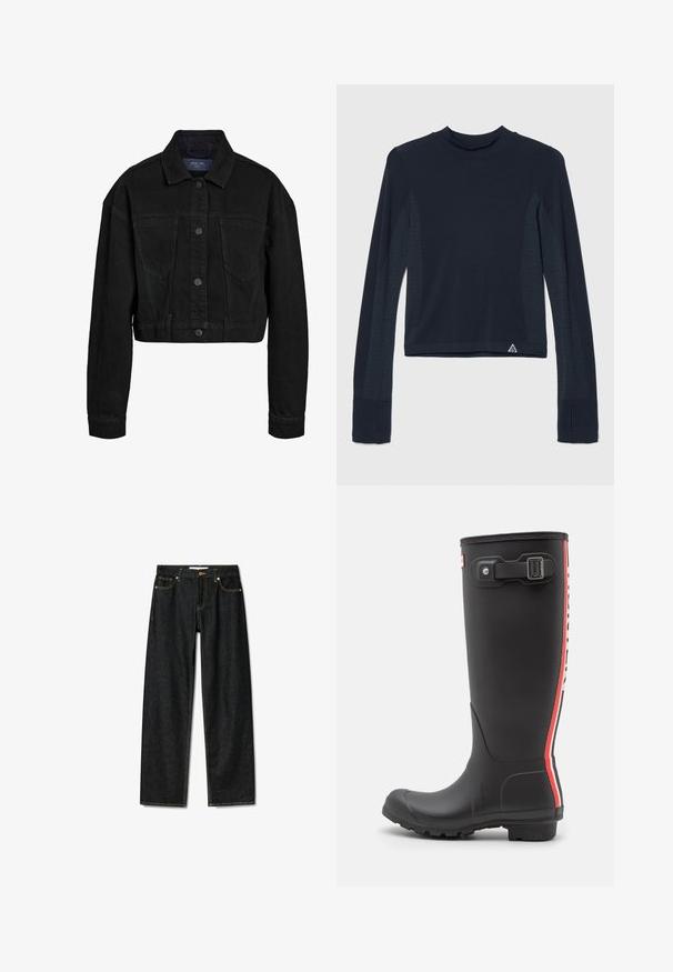 Sort denim cropped jakke med knaplukning foran, to brystlommer og klassisk krave. Har tonede syninger og lange ærmer.; Langærmet navy top i ribbestrik med prikkede detaljer langs ærmerne og en høj halsudskæring. Varemærkets logo i nederste venstre hjørne.; Mørke denim jeans med lige snit, messingknaplukning og kontrasterende gul syninger. Har fem lommer og et klassisk fit.; Sort gummistøvle med ru overflade, højt design, røde og hvide lodrette striber, justerbar rem og spænde detaljer.