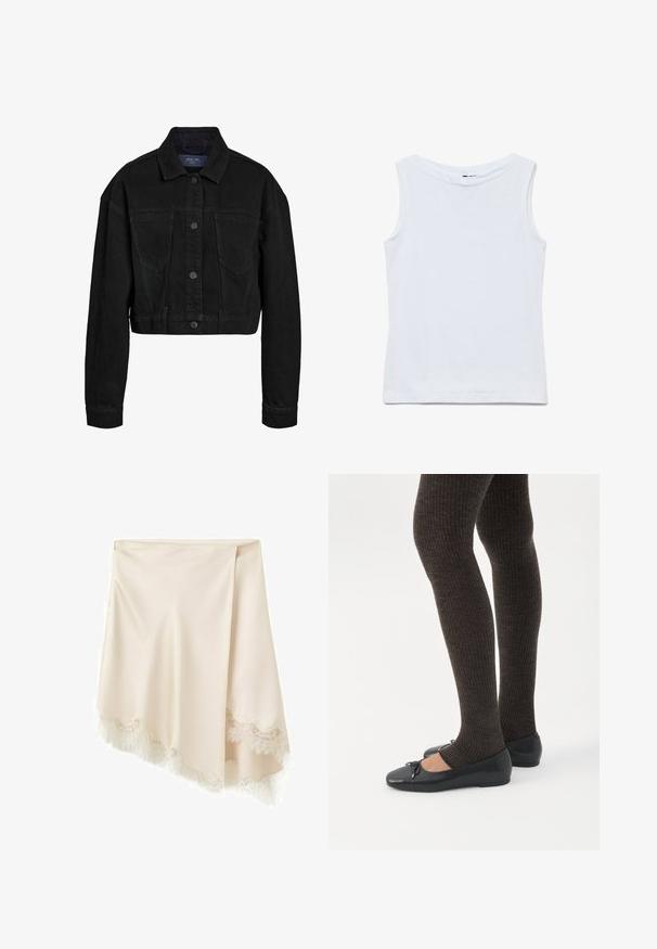 Veste en denim noir, cropped, avec un devant à boutons, deux poches poitrine et un col classique. Comprend des coutures ton sur ton et des manches longues.; Haut blanc sans manches en coton avec un large col rond et un ourlet droit, présenté à plat sur un fond blanc.; Jupe portefeuille en satin couleur crème avec bordure en dentelle le long de l'ourlet asymétrique, suspendue sur un fond blanc.; Jambes portant des leggings côtelés foncés associés à des ballerines noires avec de petits détails en nœud sur fond blanc.