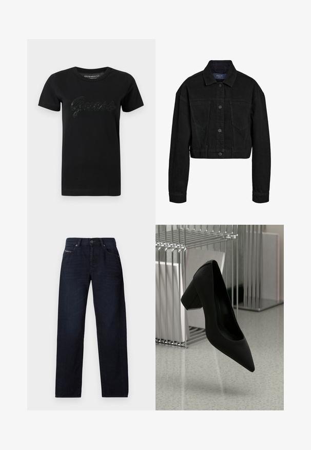 Veste en denim noir, cropped, avec un devant à boutons, deux poches poitrine et un col classique. Comprend des coutures ton sur ton et des manches longues.; T-shirt noir en coton avec un col rond, des manches courtes et un logo "Guess" en sequins texturés sur la poitrine.; Jean droit bleu foncé avec poches avant, passants de ceinture et fermeture à bouton, posé à plat sur un fond blanc.; Chaussure à talon haut noire avec un bout pointu et un talon épais, en cuir texturé, suspendue au-dessus d'un sol lisse.