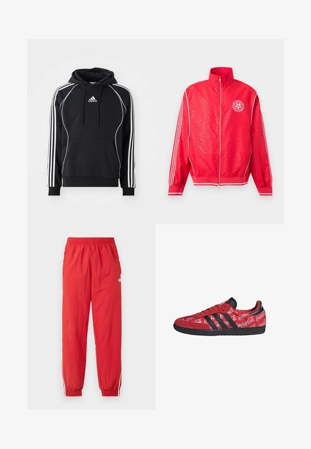 Rote Trainingsjacke mit Reißverschluss, dezent strukturiertem Muster, weißen Streifen an den Ärmeln und rundem weißen Fußballvereinslogo auf der Brust.; Schwarzer Adidas-Hoodie mit weißen Streifen an den Ärmeln, weißen Paspeln auf der Vorderseite, vorderer Kängurutasche und kapuze mit Kordelzug.; Rote Sporthose aus leichtem Material, mit elastischem Bund, weißen Seitenstreifen und einem kleinen Logo am oberen Bein.; Roter Adidas Sneaker mit schwarzen Streifen und Sohle, mit weißen Coca-Cola-Logos auf dem gesamten Stoffoberteil.