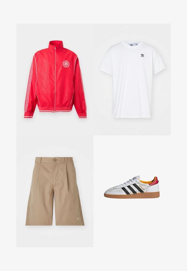 Chaqueta deportiva roja con cremallera, con un sutil patrón texturizado, rayas blancas en las mangas y un logo circular blanco de club de fútbol en el pecho.; Camiseta blanca de algodón con mangas cortas, escote redondo y un logo negro de Adidas con tres franjas en la zona del lado izquierdo del pecho.; Bermudas de algodón beige con corte recto, pliegues frontales y cierre de botón único. Presentan un sutil logo en la parte inferior izquierda.; Zapatilla Adidas Spezial blanca con rayas negras, suela de goma, patrón acolchado, lengüeta roja en el talón y forro interior amarillo, vista lateral.