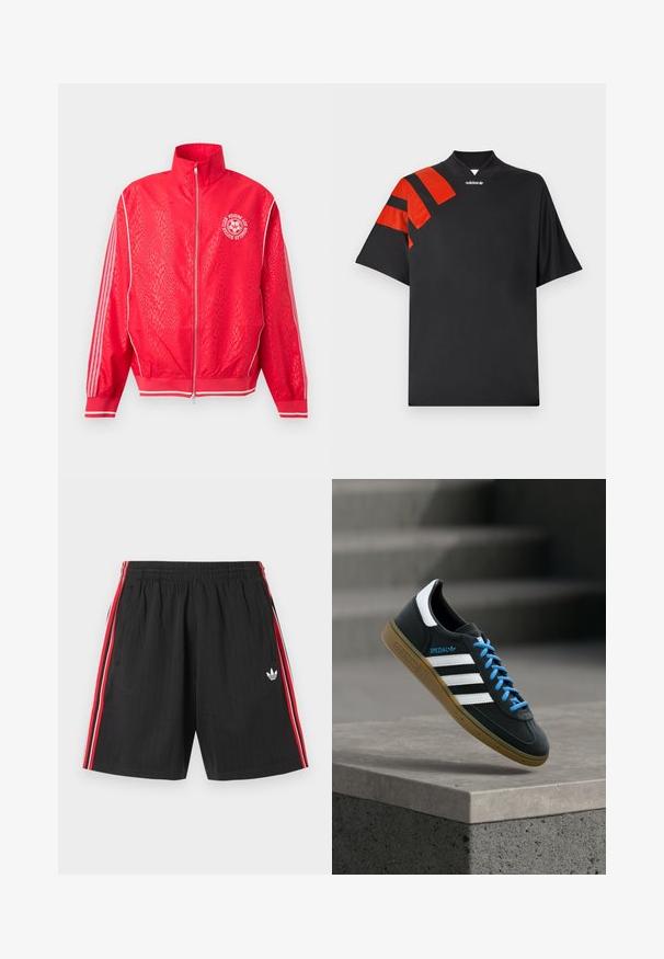 Geacă sport roșie cu fermoar, model subtil texturat, dungi albe pe mâneci și logo circular alb al clubului de fotbal pe piept.; Tricou negru cu mâneci scurte și guler înalt, cu accente lucioase roșii și dungi diagonale pe umărul stâng. Textură netedă.; Pantaloni scurți atletici negri cu talie elastică, dungi laterale roșii și albe, două buzunare laterale și logo-ul trefoil alb Adidas pe piciorul stâng.; Adidași negri Adidas cu dungi albe, șireturi albastre și talpă de gumă plutind deasupra unei trepte gri de beton în lumină blândă.