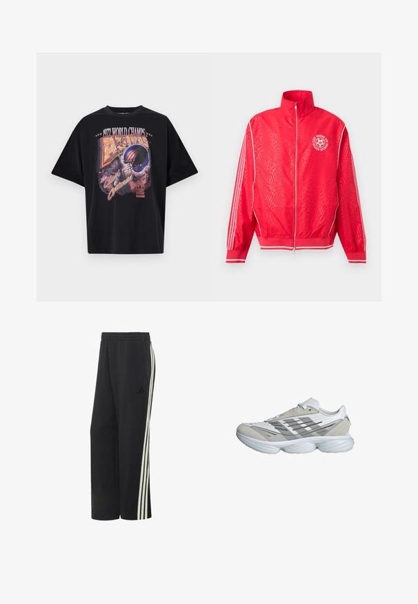 Chaqueta deportiva roja con cremallera, con un sutil patrón texturizado, rayas blancas en las mangas y un logo circular blanco de club de fútbol en el pecho.; Camiseta de algodón negra con un estampado gráfico que incluye "CAMPEONES DEL MUNDO 1972", un diseño de casco y "El Choque de los Siglos", en colores vibrantes.; Pantalones deportivos negros Adidas con cintura elástica y tres rayas blancas que recorren los lados exteriores de cada pierna.; Zapatilla deportiva blanca y gris con parte superior sintética y de malla en capas, suela gruesa acolchada y cierre de cordones, vista lateral.